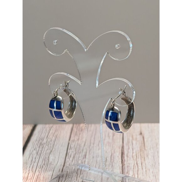 Silver Hoop Earrings With Blue Lapis Inlay For Women - Picture 2 of 10